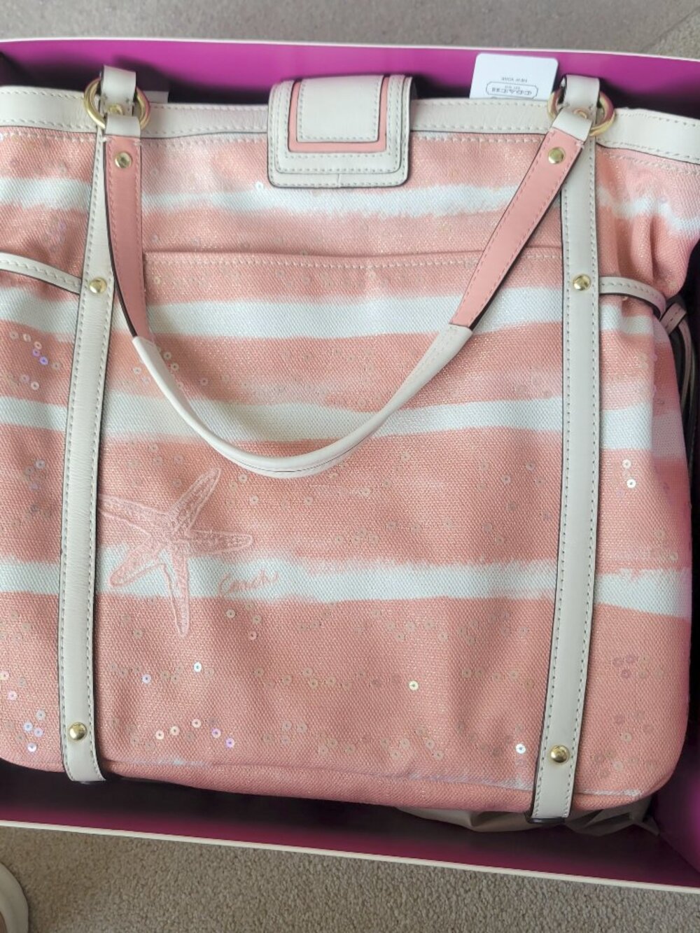 Coach Pink Striped Sequin Seashell Tote - NWT